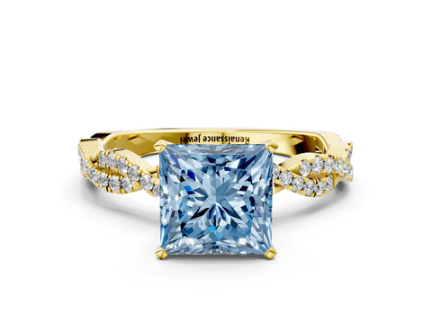 Yellow gold Fancy Blue Princess Cut Solitaire Twisted Pave Band with Four-Prong Setting_3
