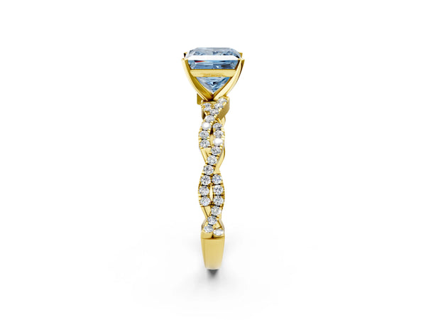 Yellow gold Fancy Blue Princess Cut Solitaire Twisted Pave Band with Four-Prong Setting