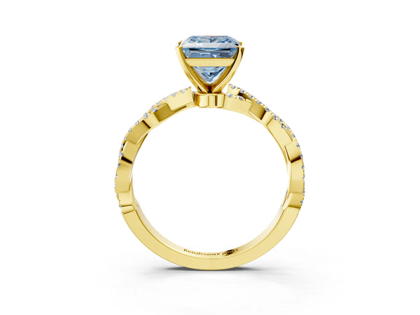 Yellow gold Fancy Blue Princess Cut Solitaire Twisted Pave Band with Four-Prong Setting