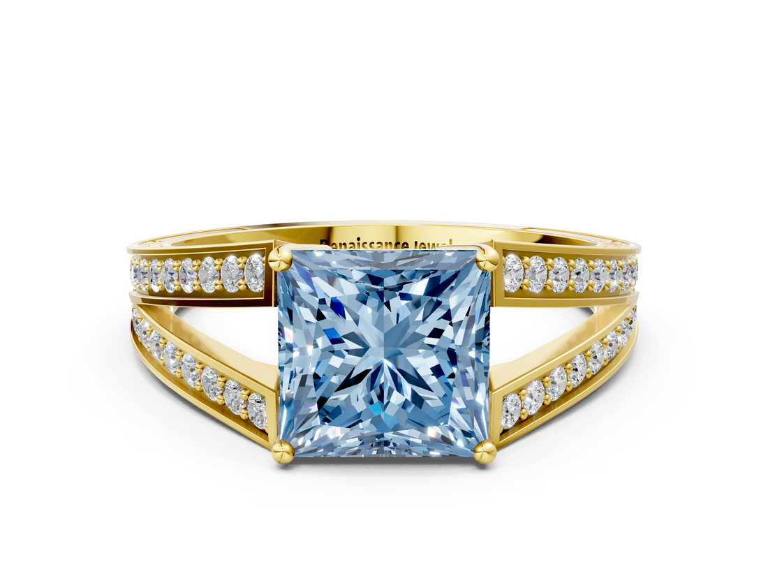 Yellow gold Fancy Blue Princess  Cut Split Shank Pave Diamond Ring with Four-Prong Setting_43