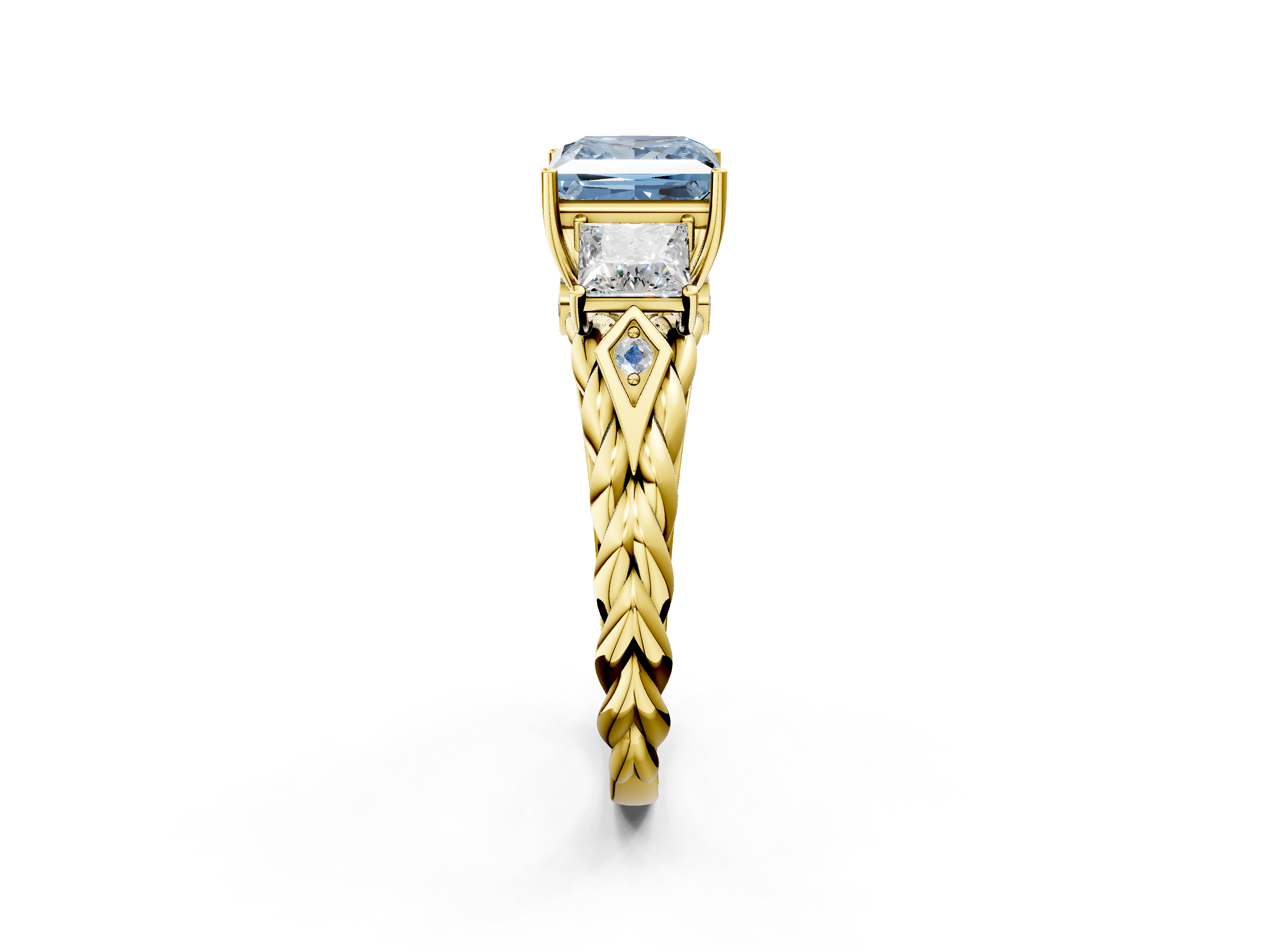 Yellow gold Fancy Blue Princess  Cut Three-Stone Braided Band Ring with Four-Prong Setting_25