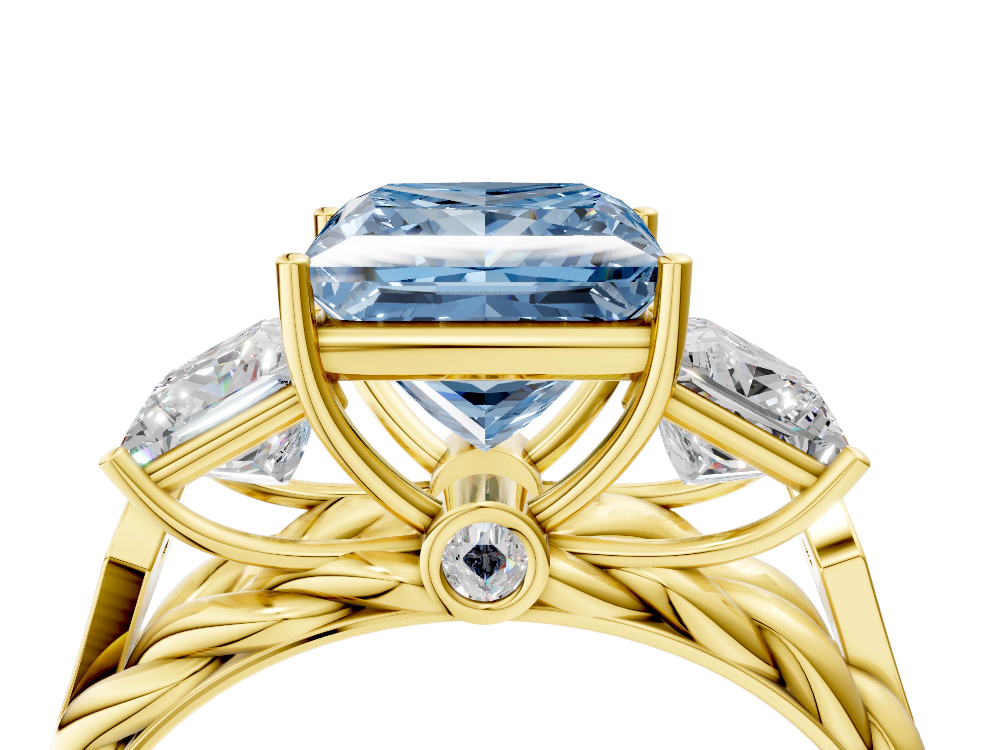 Yellow gold Fancy Blue Princess  Cut Three-Stone Braided Band Ring with Four-Prong Setting_27