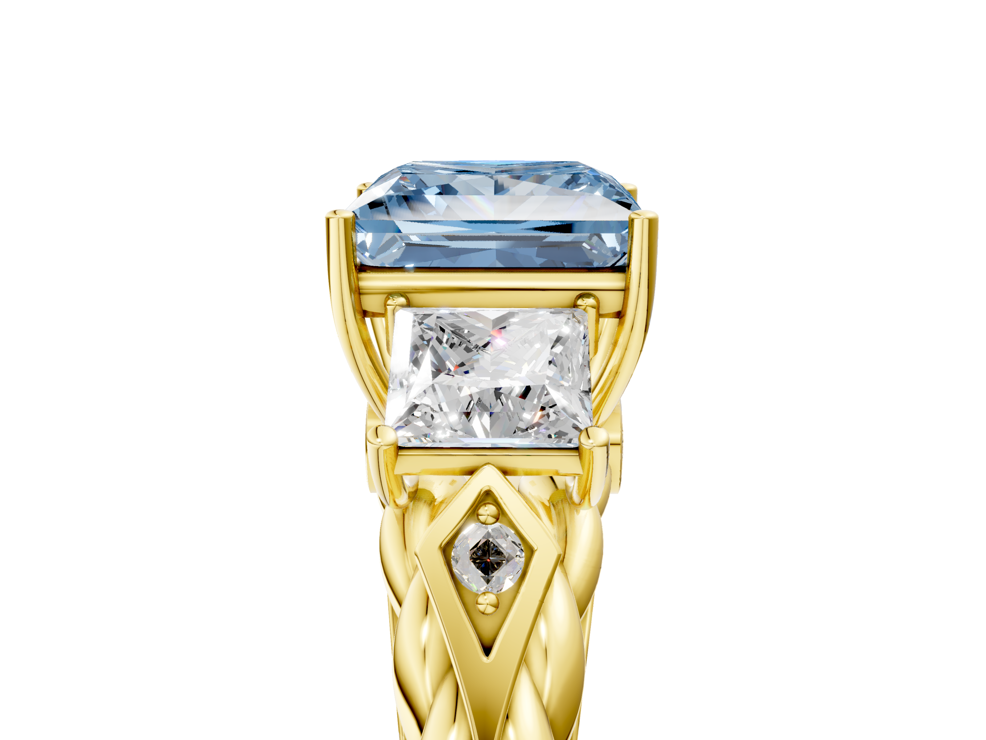 Yellow gold Fancy Blue Princess  Cut Three-Stone Braided Band Ring with Four-Prong Setting_28