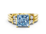 Yellow gold Fancy Blue Princess  Cut Three-Stone Channel Set Ring with Bar Prongs_45
