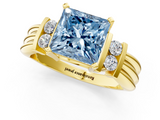 Yellow gold Fancy Blue Princess  Cut Three-Stone Channel Set Ring with Bar Prongs_46