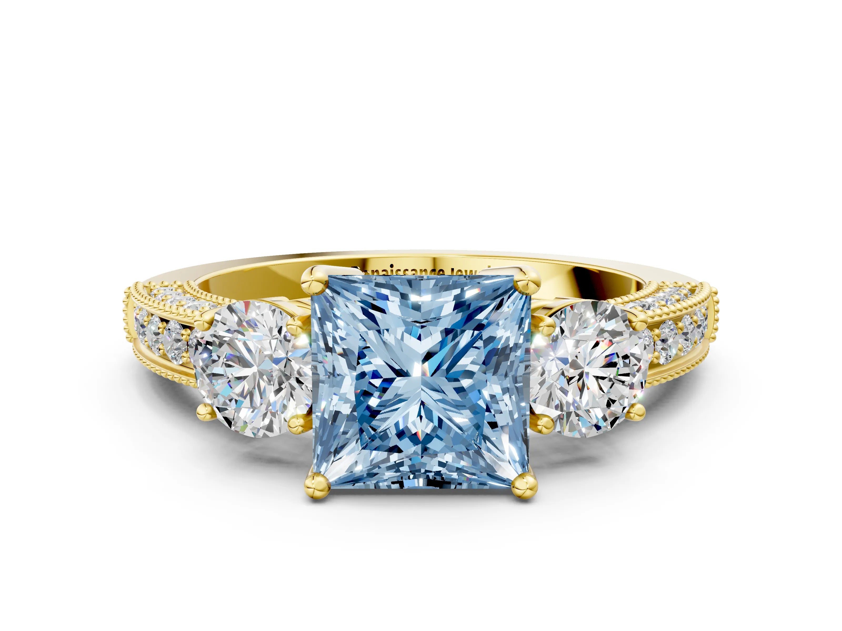 Yellow gold Fancy Blue Princess Cut Three-Stone Diamond Ring with Pavé Band and Four-Prong Setting