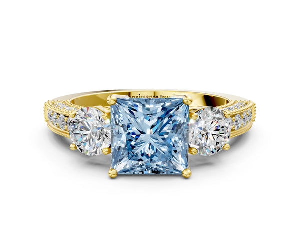 Yellow Gold Princess Cut Graduated Three Stone Engagement Ring Setting for Fancy Blue Center