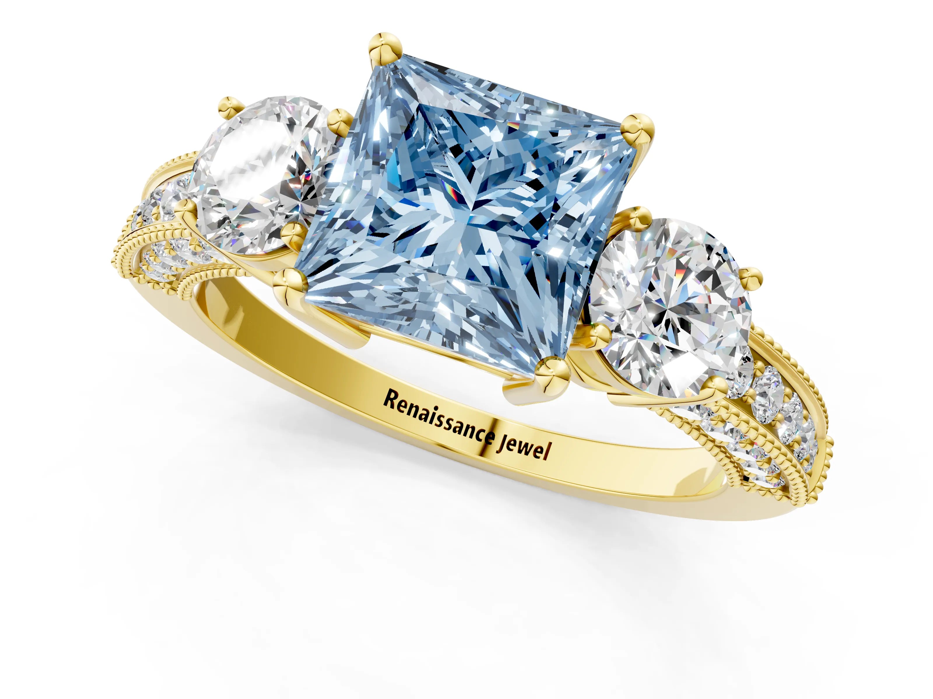 Yellow gold Fancy Blue Princess Cut Three-Stone Diamond Ring with Pavé Band and Four-Prong Setting_1