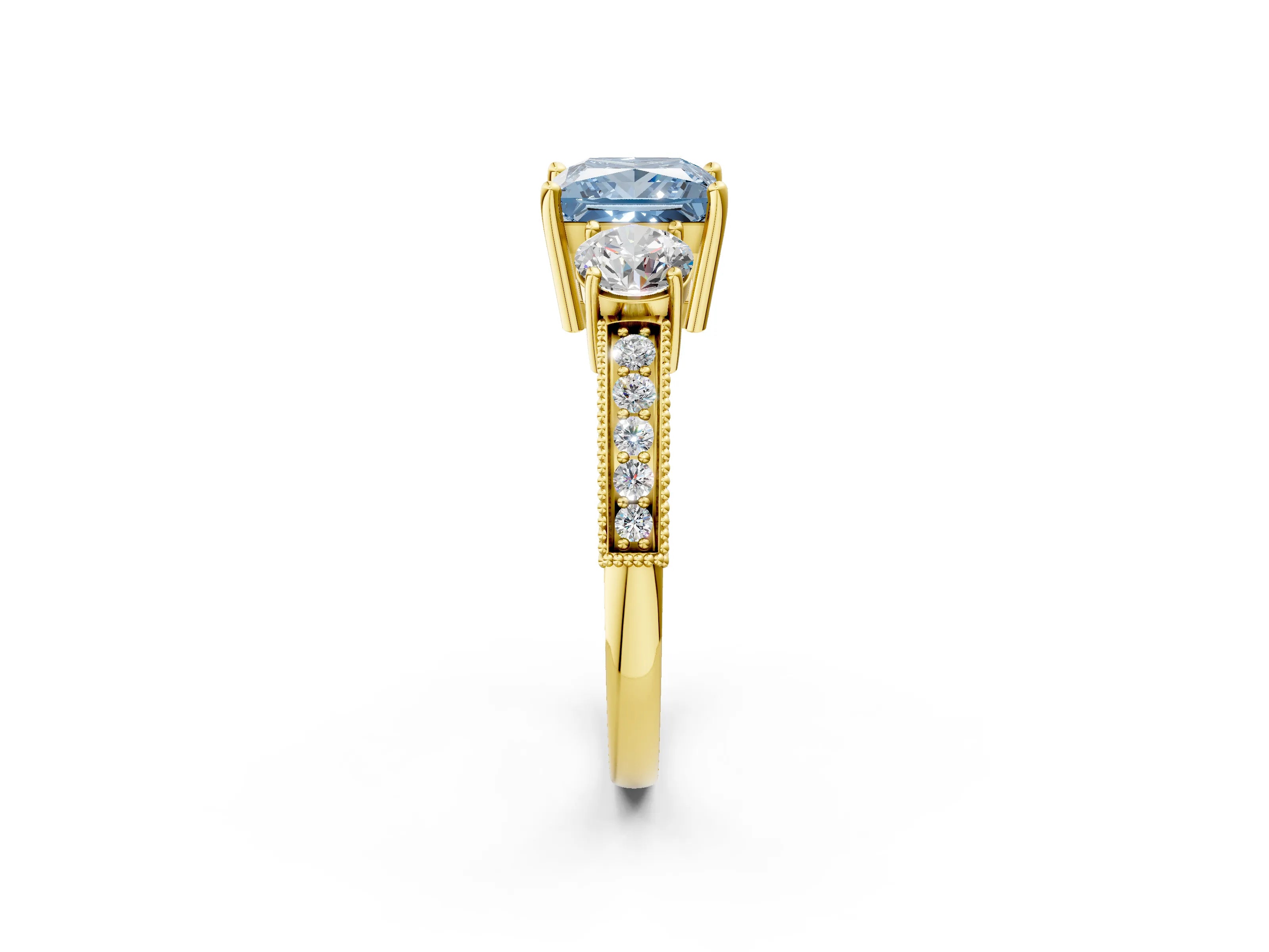 Yellow gold Fancy Blue Princess Cut Three-Stone Diamond Ring with Pavé Band and Four-Prong Setting_2