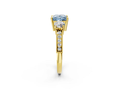 Yellow gold Fancy Blue Princess Cut Three-Stone Diamond Ring with Pavé Band and Four-Prong Setting_2