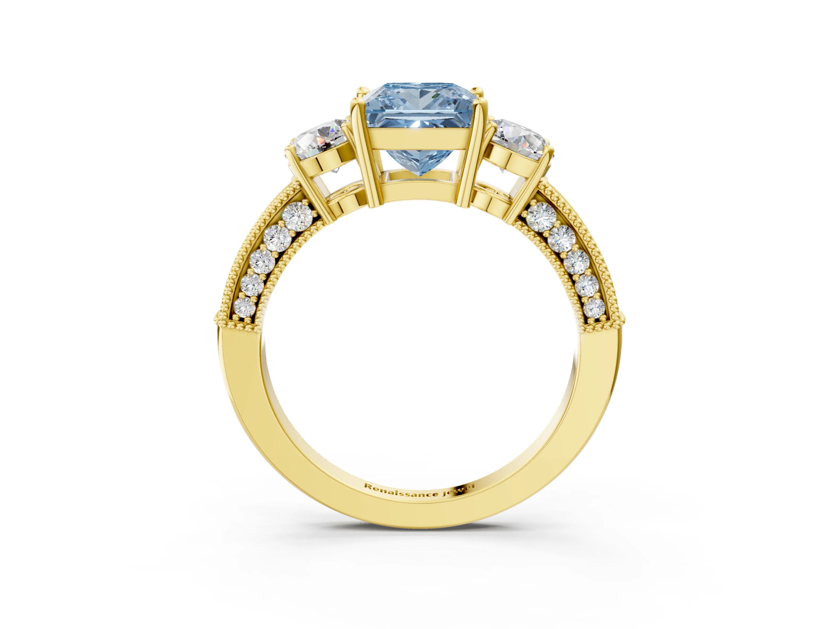 Yellow gold Fancy Blue Princess Cut Three-Stone Diamond Ring with Pavé Band and Four-Prong Setting_3