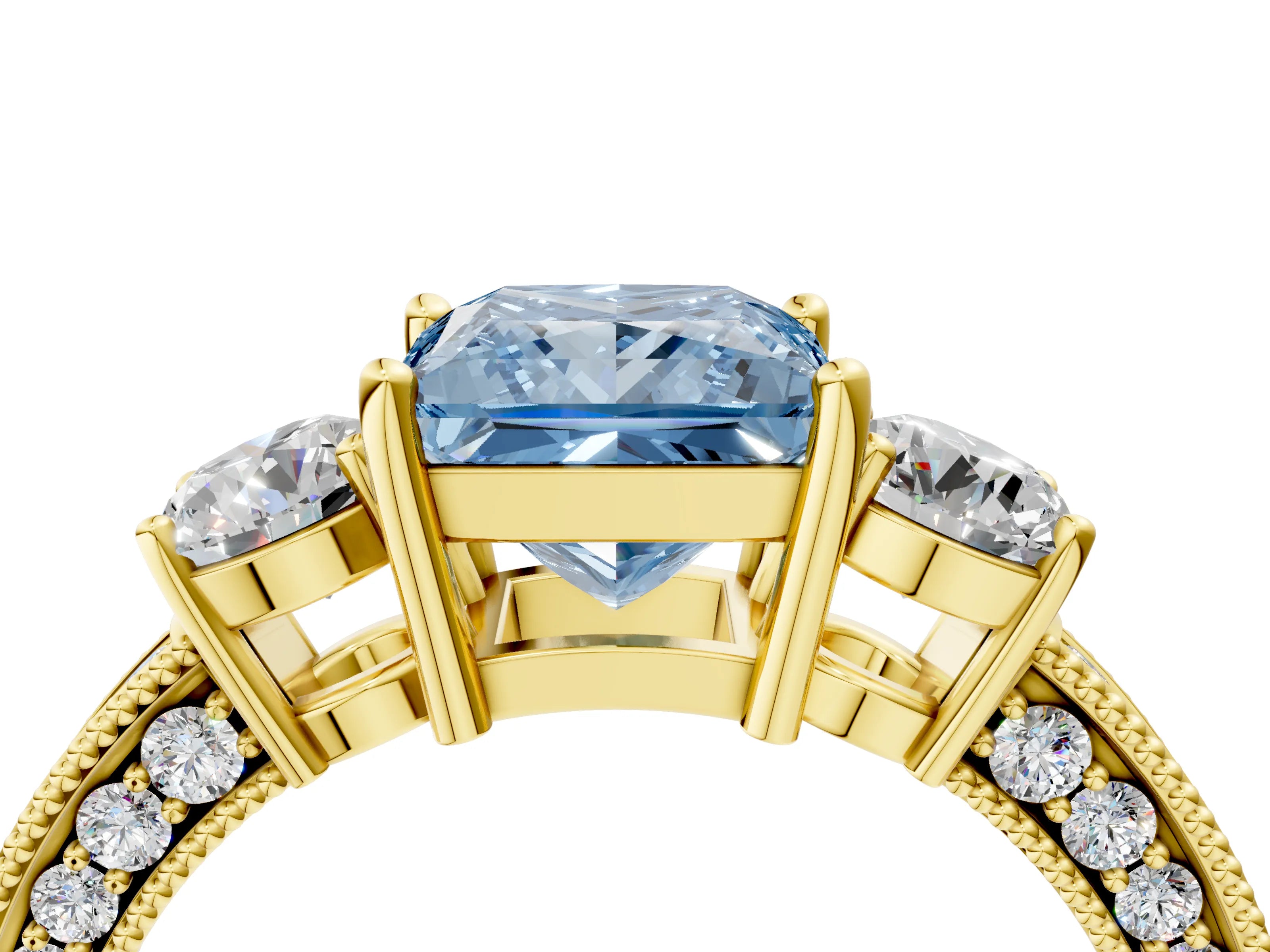 Yellow gold Fancy Blue Princess Cut Three-Stone Diamond Ring with Pavé Band and Four-Prong Setting_4