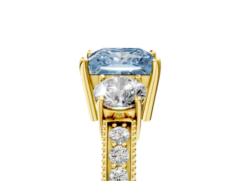Yellow gold Fancy Blue Princess Cut Three-Stone Diamond Ring with Pavé Band and Four-Prong Setting_5