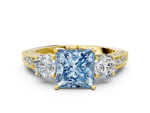 Yellow gold Fancy Blue Princess Cut Three-Stone Diamond Ring with Pavé Band and Four-Prong Setting