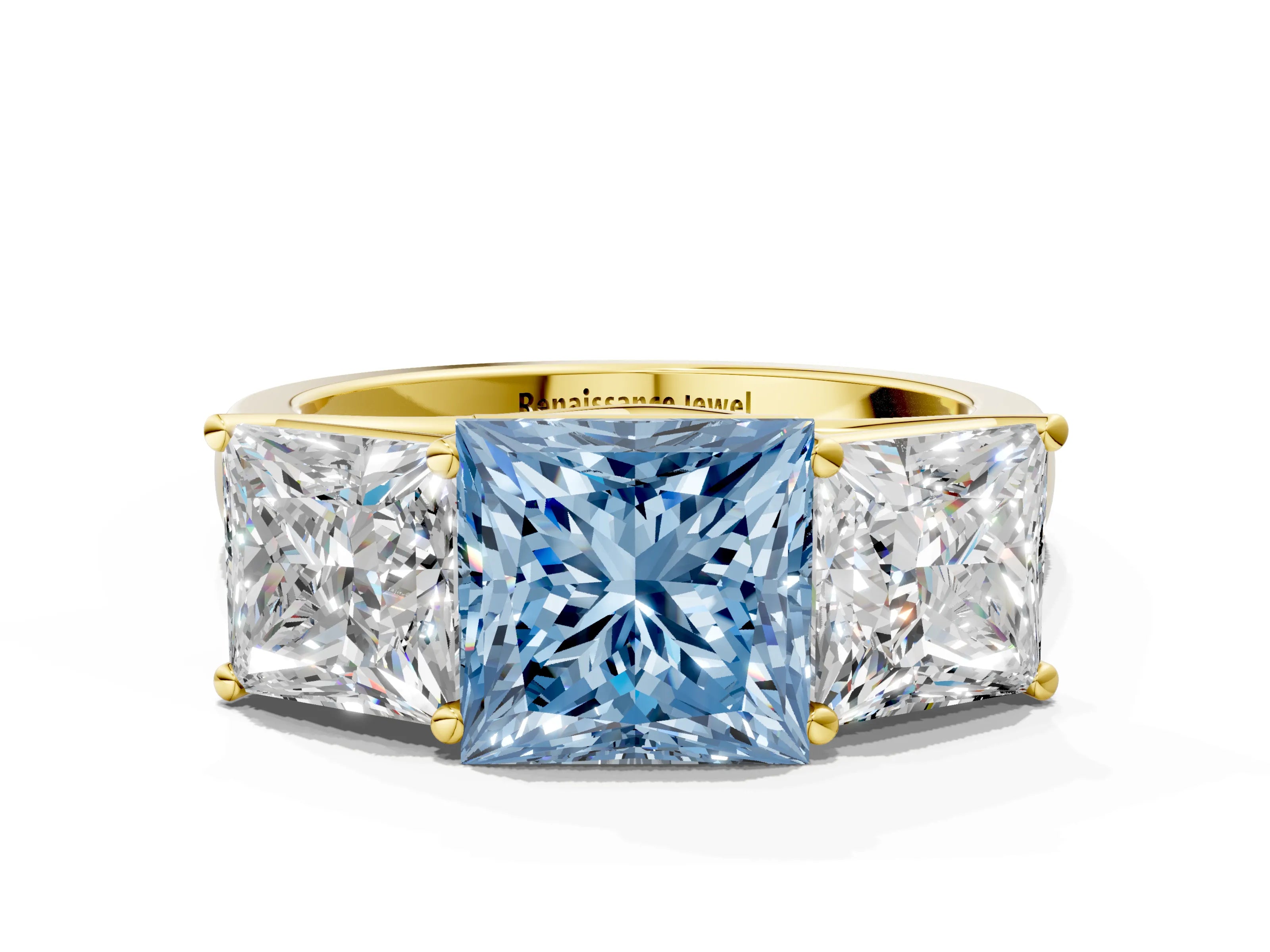 Yellow gold Fancy Blue Princess Cut Three-Stone Diamond Ring with Prong Setting on a Classic Band