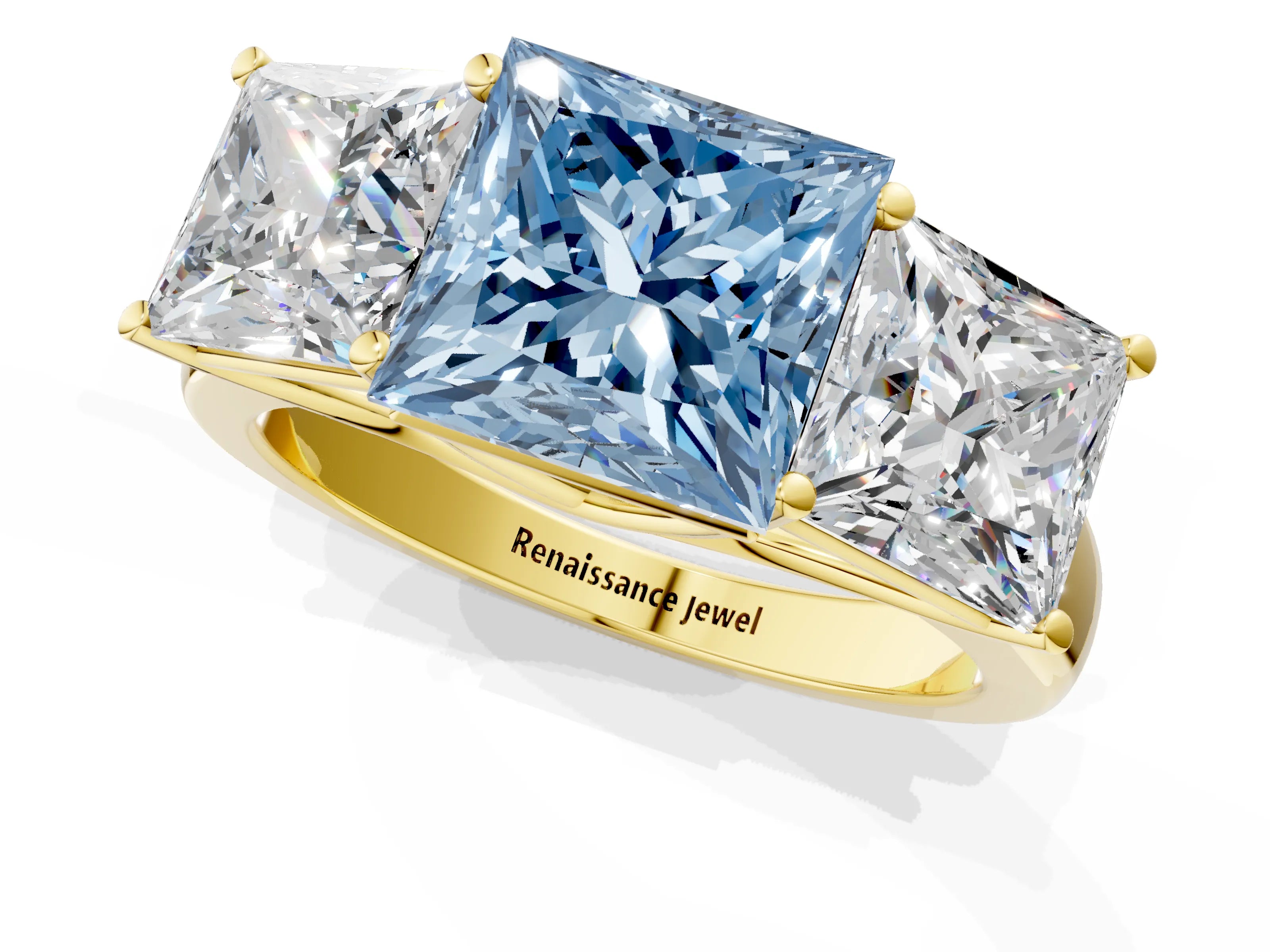 Yellow gold Fancy Blue Princess Cut Three-Stone Diamond Ring with Prong Setting on a Classic Band_1