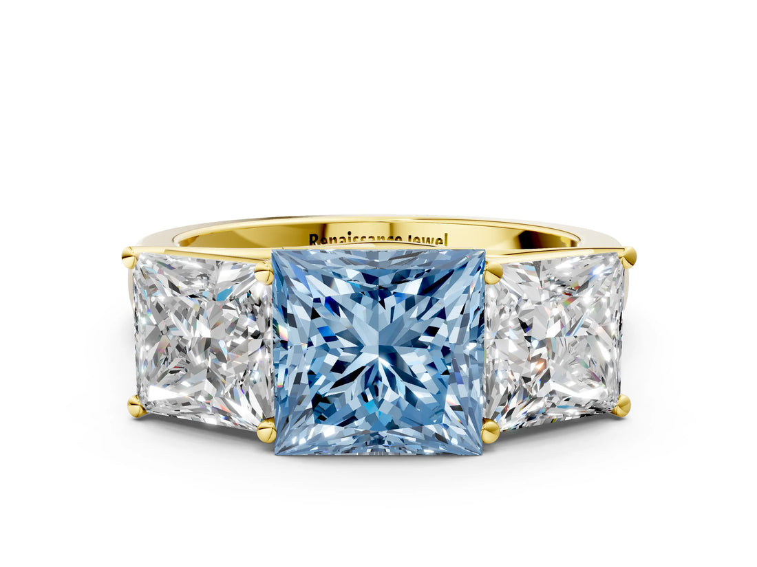 Yellow gold Fancy Blue Princess Cut Three-Stone Diamond Ring with Prong Setting on a Classic Band_12