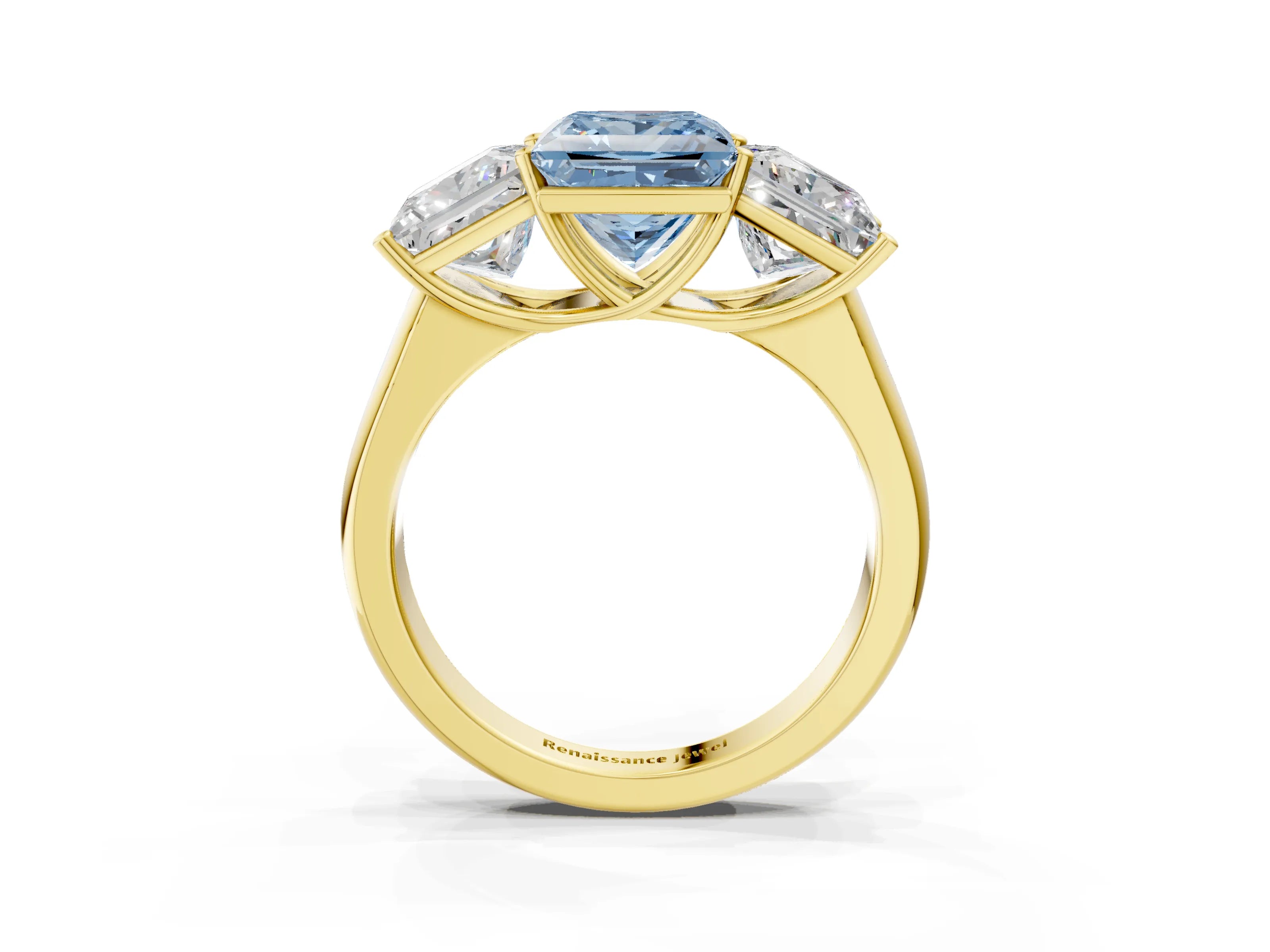 Yellow gold Fancy Blue Princess Cut Three-Stone Diamond Ring with Prong Setting on a Classic Band_3