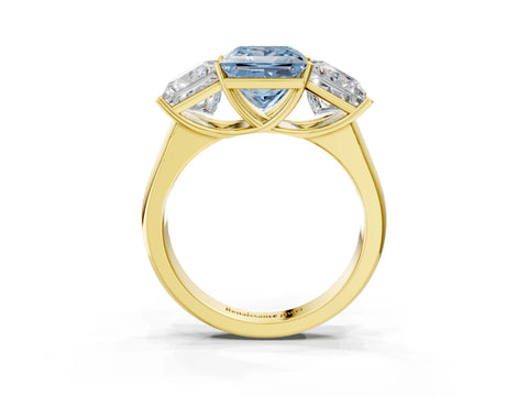 Yellow gold Fancy Blue Princess Cut Three-Stone Diamond Ring with Prong Setting on a Classic Band_3