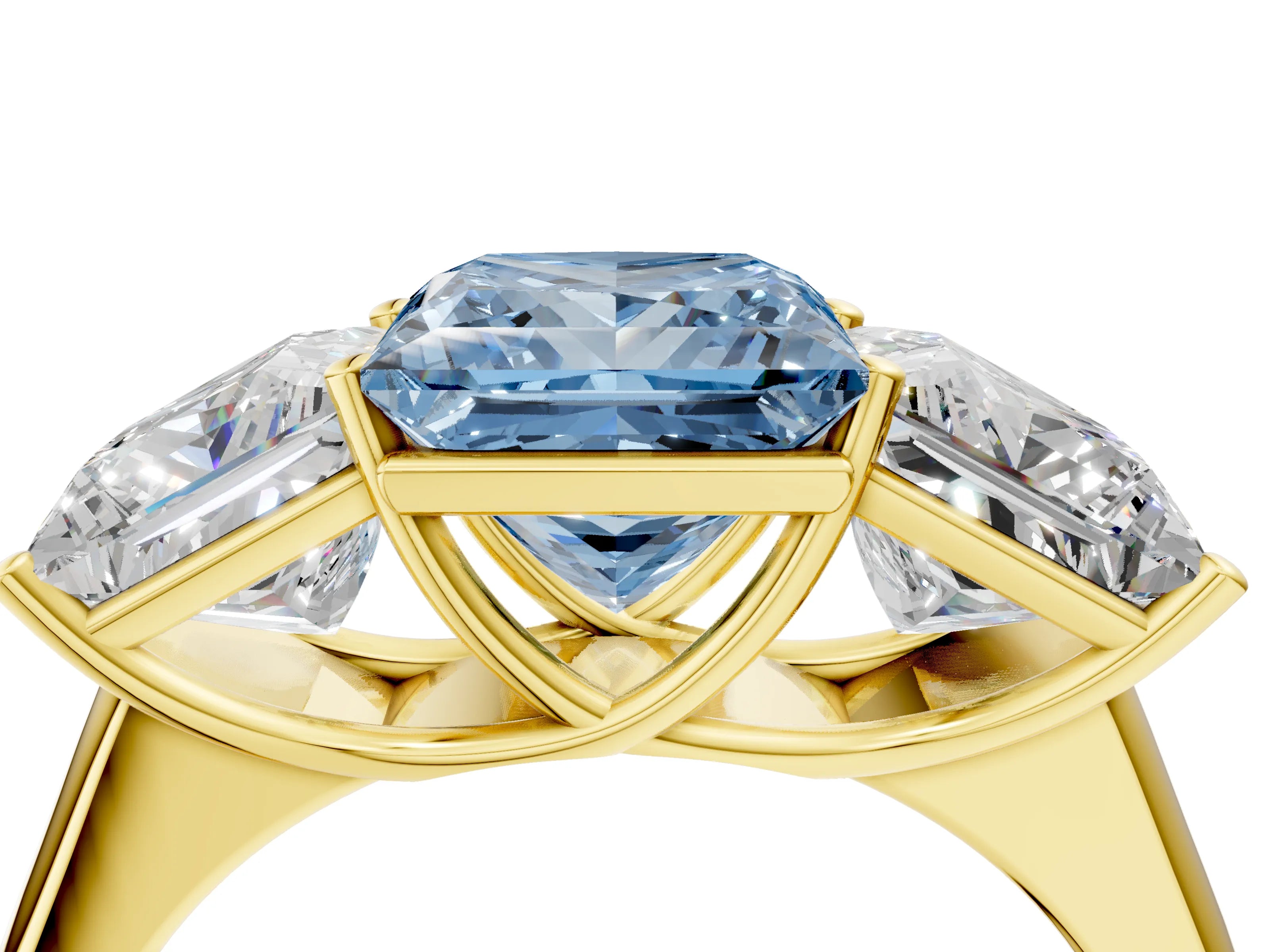 Yellow gold Fancy Blue Princess Cut Three-Stone Diamond Ring with Prong Setting on a Classic Band_4