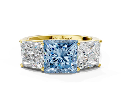 Yellow gold Fancy Blue Princess Cut Three-Stone Diamond Ring with Prong Setting on a Classic Band
