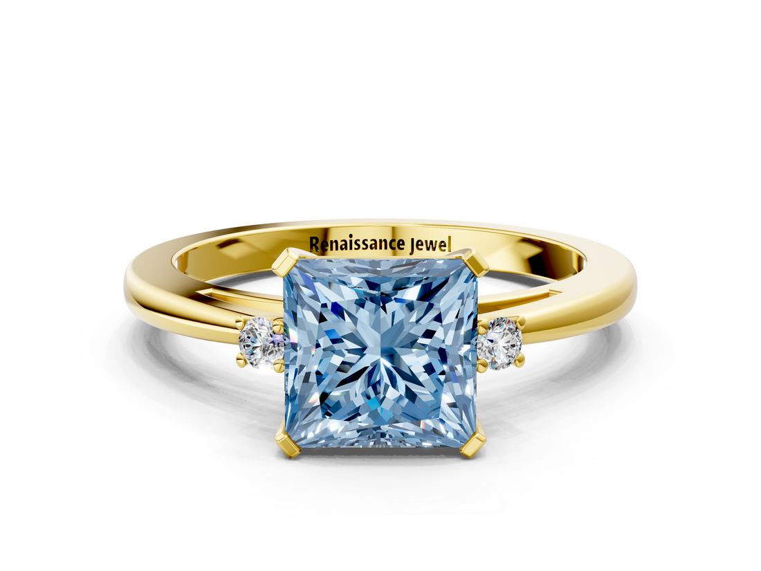 Yellow gold Fancy Blue Princess  Cut Three-Stone Solitaire Ring with Round Accent Diamonds and Four-Prong Setting_22