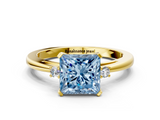 Yellow gold Fancy Blue Princess  Cut Three-Stone Solitaire Ring with Round Accent Diamonds and Four-Prong Setting_22