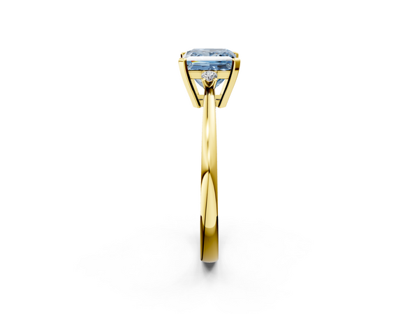 Yellow gold Fancy Blue Princess  Cut Three-Stone Solitaire Ring with Round Accent Diamonds and Four-Prong Setting