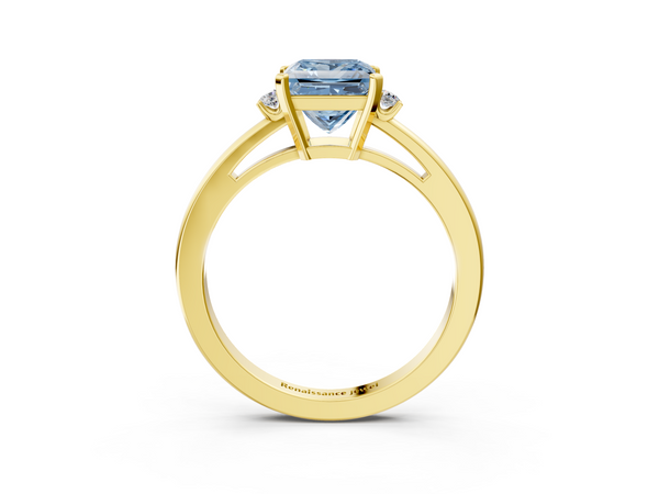 Yellow gold Fancy Blue Princess  Cut Three-Stone Solitaire Ring with Round Accent Diamonds and Four-Prong Setting