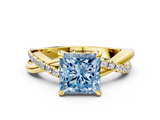 Yellow gold Fancy Blue Princess  Cut Twist Band Solitaire Diamond Ring with Pavé Setting_3