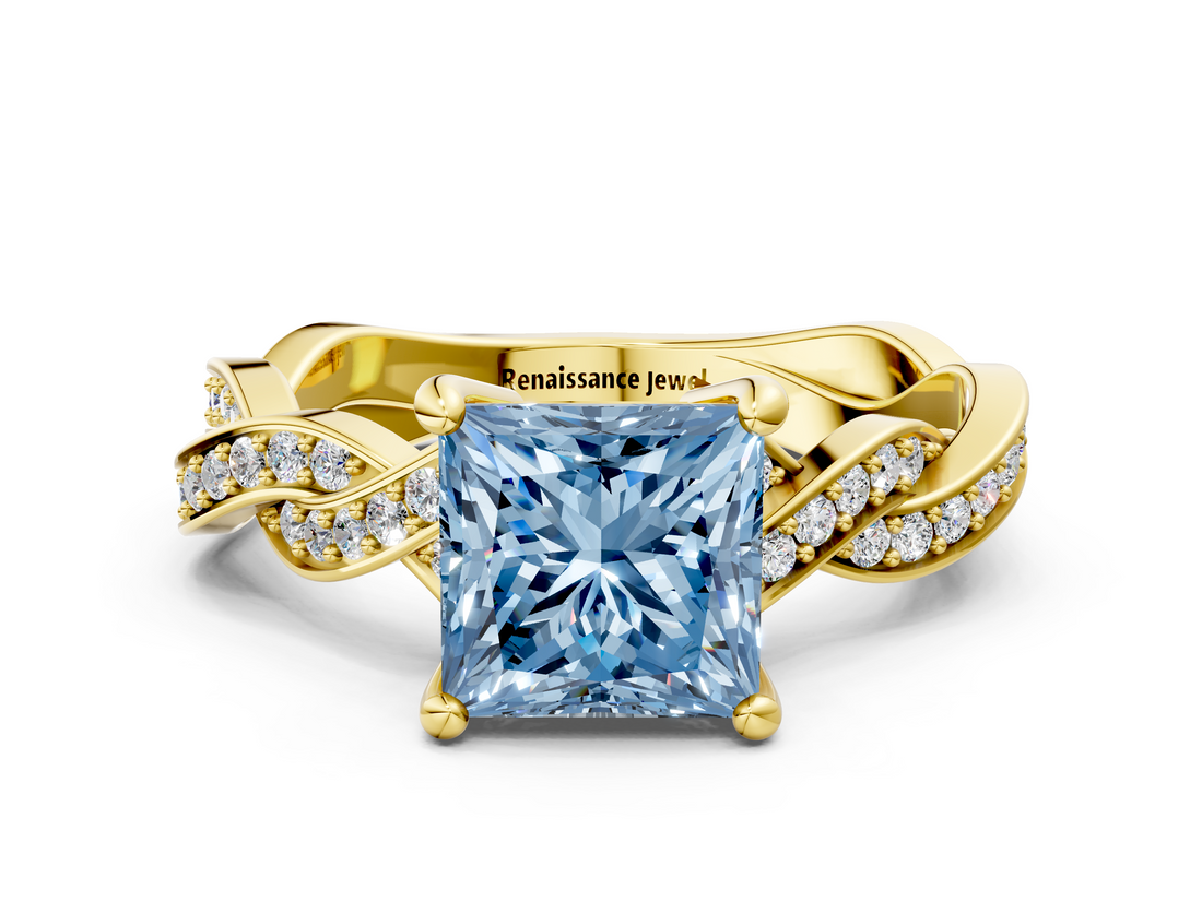 Yellow gold Fancy Blue Princess  Cut Twisted Pavé Band Solitaire Ring with Four-Prong Setting_55