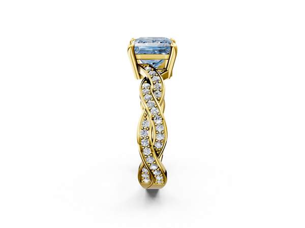 Yellow gold Fancy Blue Princess  Cut Twisted Pavé Band Solitaire Ring with Four-Prong Setting