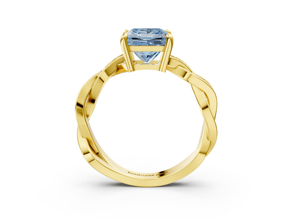 Yellow gold Fancy Blue Princess  Cut Twisted Pavé Band Solitaire Ring with Four-Prong Setting