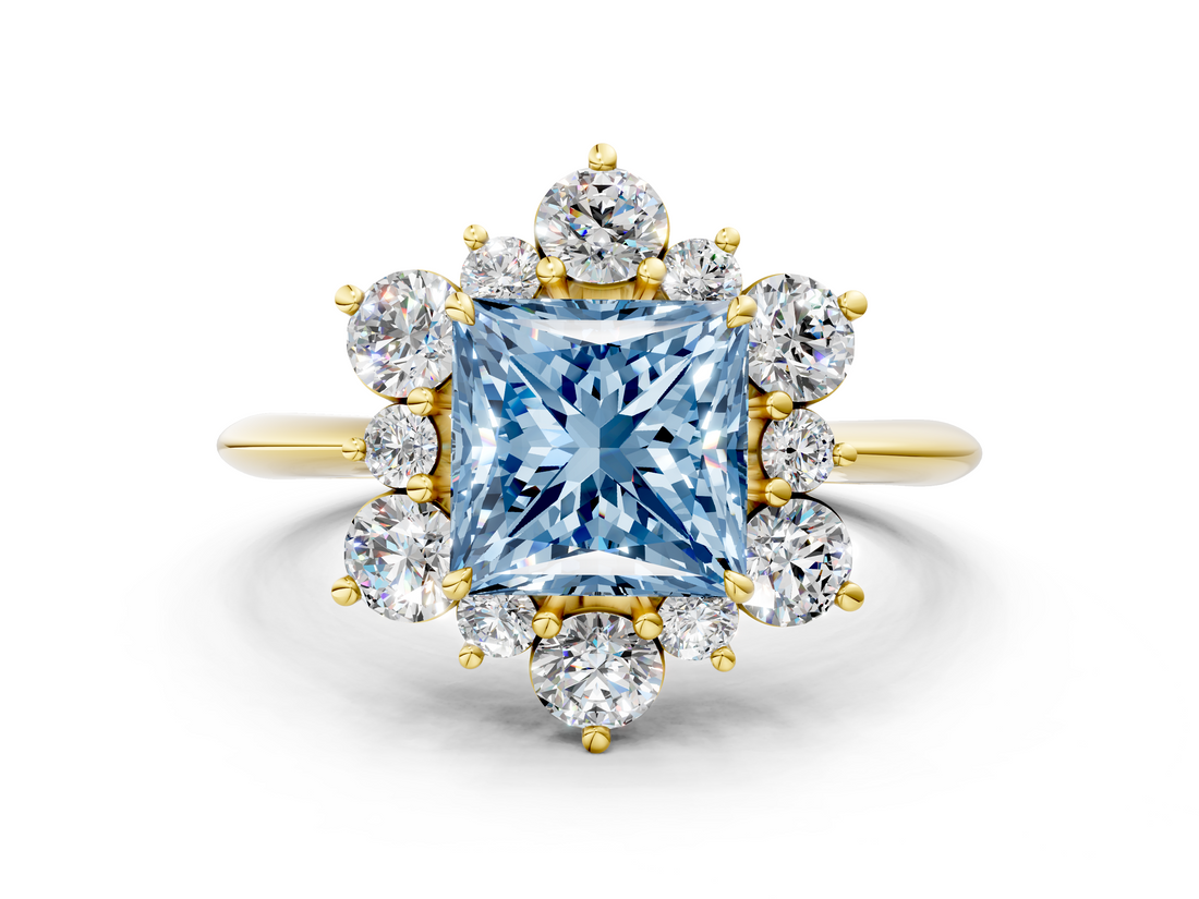Yellow gold Fancy Blue Princess  Diamond Cluster Halo Ring with Solitaire Band and Four-Prong Setting_20
