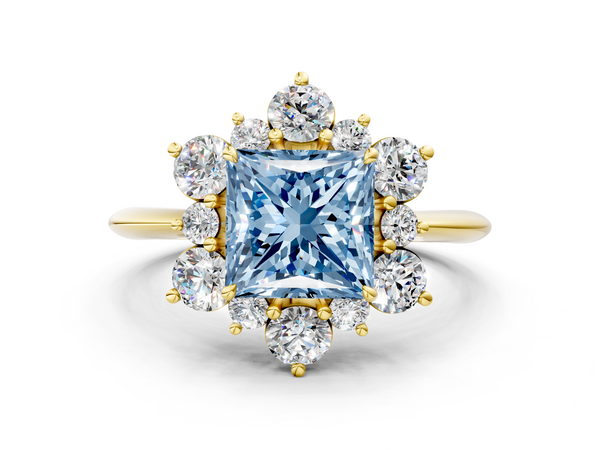 Yellow gold Fancy Blue Princess  Diamond Cluster Halo Ring with Solitaire Band and Four-Prong Setting