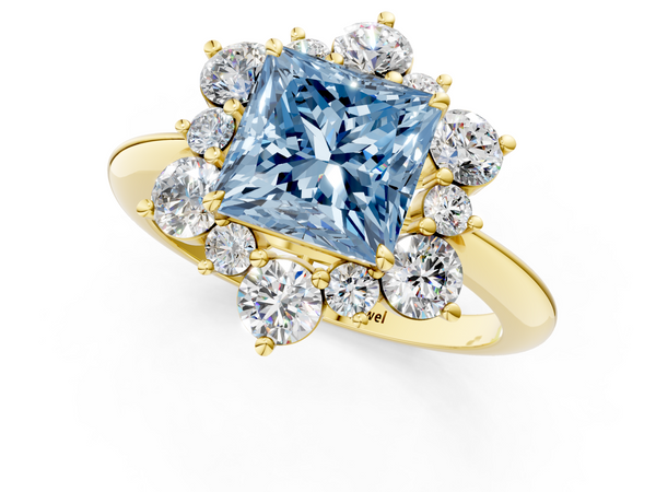 Yellow gold Fancy Blue Princess  Diamond Cluster Halo Ring with Solitaire Band and Four-Prong Setting
