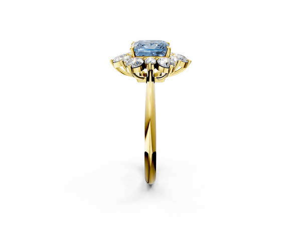 Yellow gold Fancy Blue Princess  Diamond Cluster Halo Ring with Solitaire Band and Four-Prong Setting