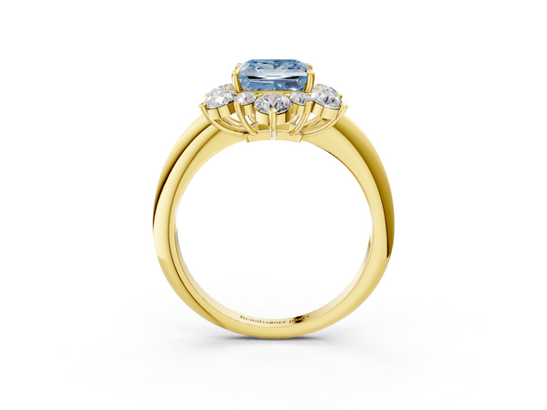 Yellow gold Fancy Blue Princess  Diamond Cluster Halo Ring with Solitaire Band and Four-Prong Setting