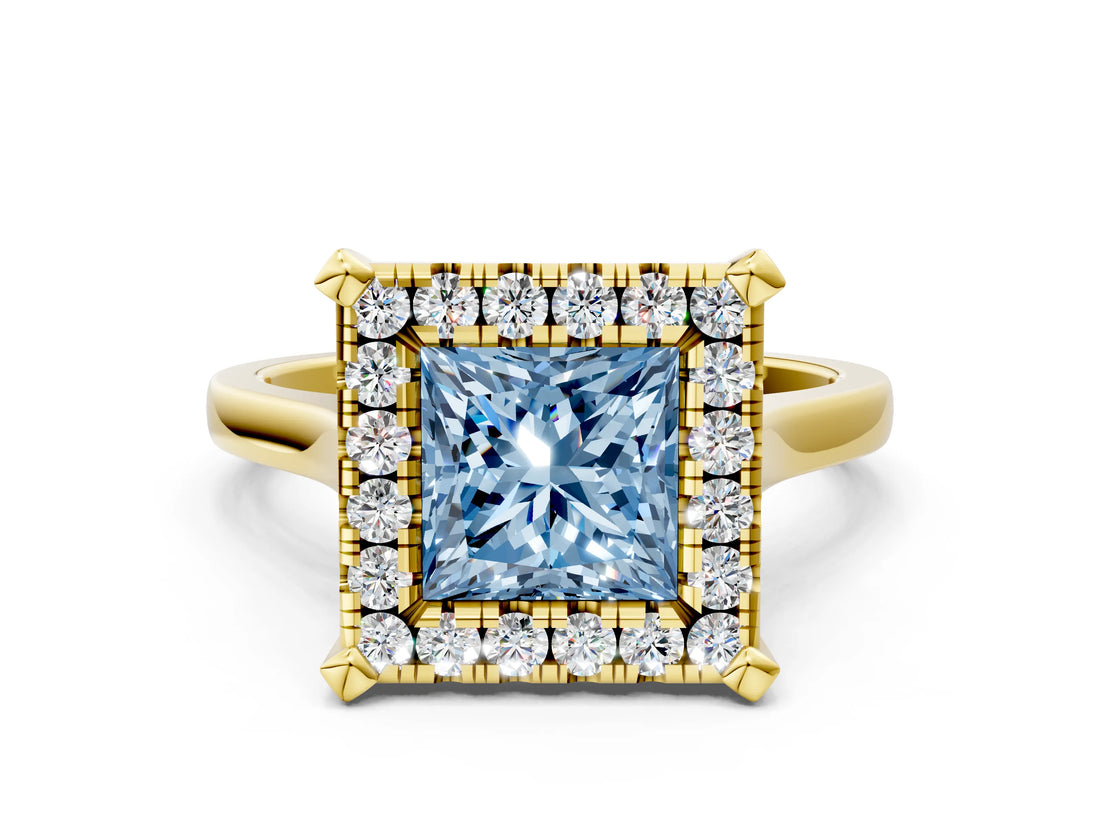 Yellow gold Fancy Blue Princess  Diamond Cluster Halo Solitaire with Four-Prong Setting_94