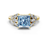Yellow gold Fancy Blue Princess  Diamond Cluster Leaf Design Ring with Prong Setting_71