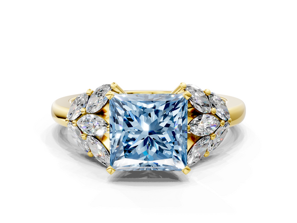 Yellow gold Fancy Blue Princess  Diamond Cluster Leaf Design Ring with Prong Setting
