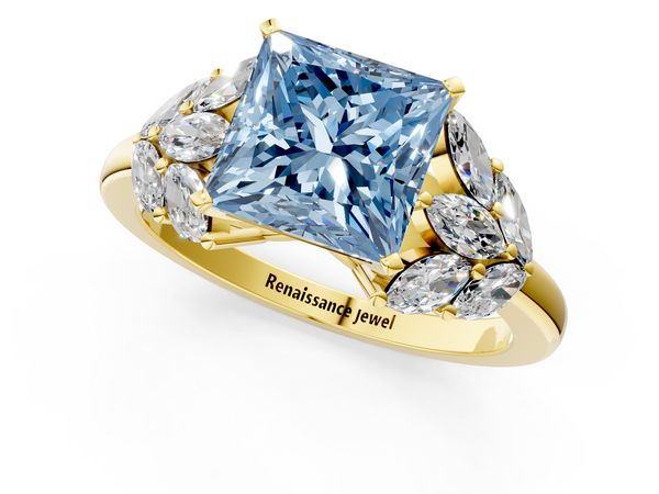 Yellow gold Fancy Blue Princess  Diamond Cluster Leaf Design Ring with Prong Setting