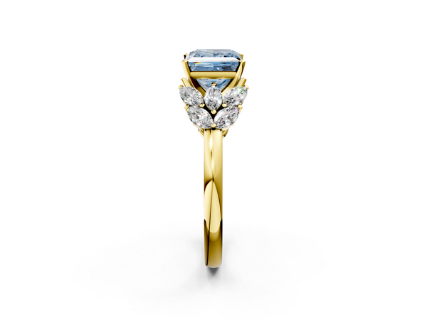 Yellow gold Fancy Blue Princess  Diamond Cluster Leaf Design Ring with Prong Setting