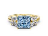 Yellow gold Fancy Blue Princess  Diamond Floral Cluster Ring with Solitaire Band and Prong Setting_48