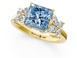 Yellow gold Fancy Blue Princess  Diamond Floral Cluster Ring with Solitaire Band and Prong Setting_49