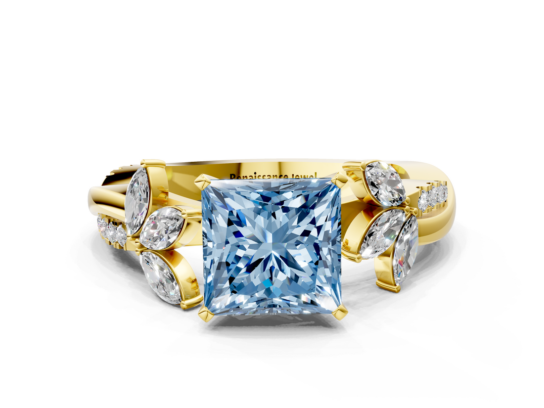 Yellow gold Fancy Blue Princess  Diamond Floral Vine Solitaire Engagement Ring_3
