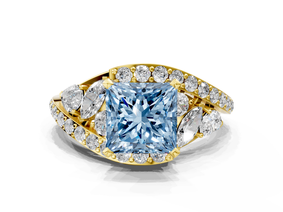 Yellow gold Fancy Blue Princess  Diamond Halo Ring with Marquise and Pavé Band in Prong Setting_72