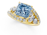 Yellow gold Fancy Blue Princess  Diamond Halo Ring with Marquise and Pavé Band in Prong Setting_73