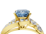 Yellow gold Fancy Blue Princess  Diamond Halo Ring with Marquise and Pavé Band in Prong Setting_76