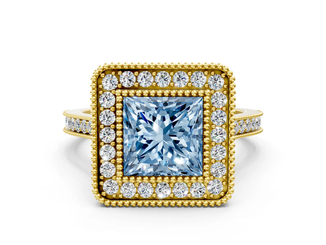Yellow gold Fancy Blue Princess  Diamond Halo Ring with Milgrain Frame and Pavé Band_60